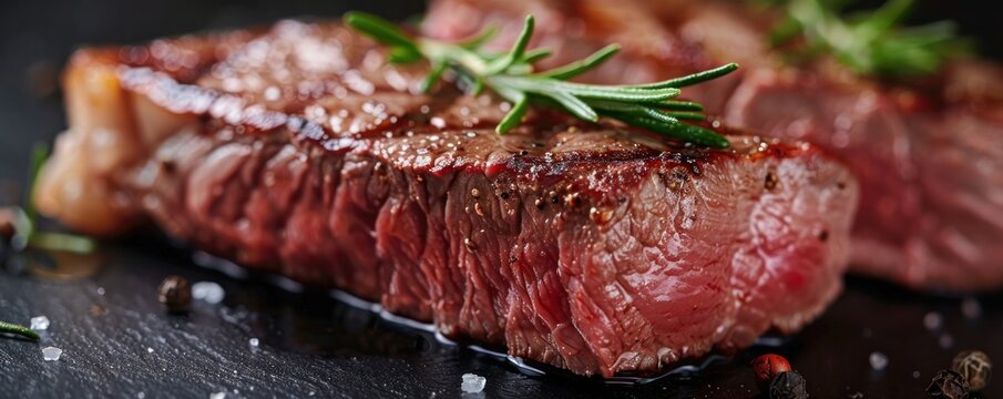A mouth-watering close-up of a perfectly grilled steak, with visible grill marks and juicy texture. The background includes blurred tomatoes and greens, adding to the appeal of a delicious meal. 