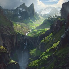 Sticker - A mountain range with a waterfall and a lush green valley