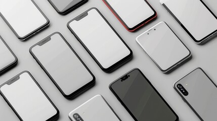 Aufkleber - A flat lay of modern smartphones arranged in different angles on a light gray surface. This image is perfect for showcasing mobile technology or smartphone accessories. Generative AI