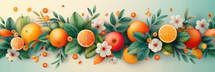 Wall Mural - Vibrant Citrus Fruits and Delicate Flowers in a Summery Arrangement