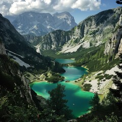 Canvas Print - A mountain range with a lake in the middle