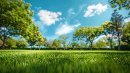 A lush green field with trees against blue sky in the background