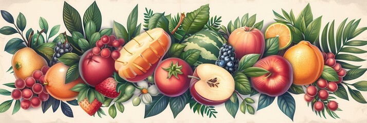 Wall Mural - Colorful Summer Fruit Illustration With Green Foliage