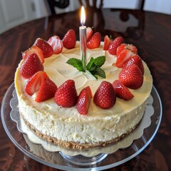 Poster - A cake with a lit candle on top and strawberries around it