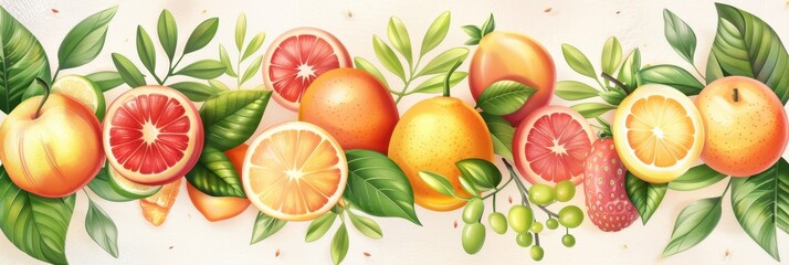 Wall Mural - Fresh Fruit Illustration With Green Leaves and White Background