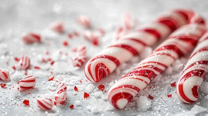 This image features red and white candy canes with bits of broken candy scattered around them, symbolizing festive sweetness and joy, perfect for holiday season imagery.