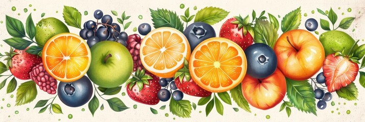 Vibrant Fresh Fruit Illustration Featuring Apples, Oranges, and Berries