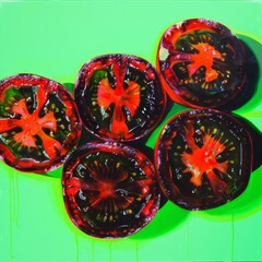 Sticker - A painting of five tomato slices on a green background