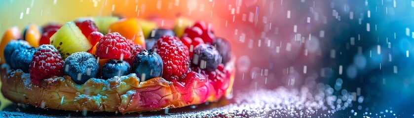 Colorful fruit tart topped with fresh berries and powdered sugar snowfall in the background, creating a vibrant and delicious dessert scene.