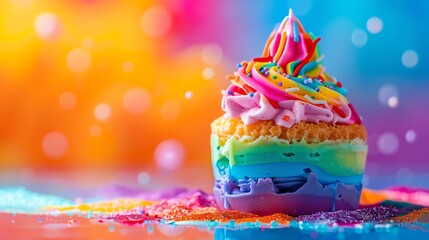 Vibrant rainbow cupcake with multicolored frosting and sprinkles, set against a bright, colorful background. Perfect for celebrations and parties.