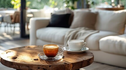 A cozy living room with a wooden table holding two coffee cups, one with black coffee and the other with milk, against a soft, comfortable sofa in the background.