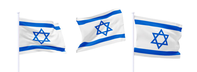 Wall Mural - Set of Israeli waving flag on flagpole. Realistic 3d design flag flies on the wind on isolated white background. vector illustration