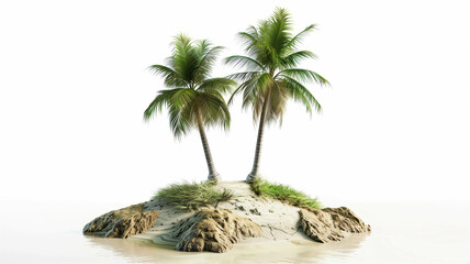 a island scene dominated by two palm trees, realistic on a white background