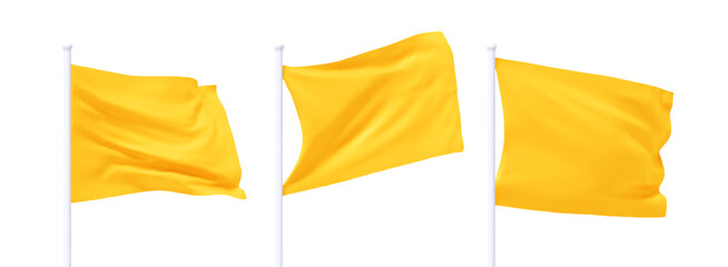 Poster - Set of Yellow waving flag on flagpole. Realistic 3d design flag flies on the wind on isolated white background. vector illustration