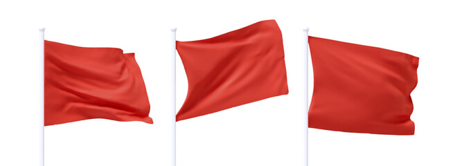 Poster - Set of Red waving flag on flagpole. Realistic 3d design flag flies on the wind on isolated white background. vector illustration