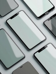 Poster - Several contemporary smartphones arranged in various angles on a plain white background, perfect for showcasing mobile technology or smartphone accessories. Generative AI
