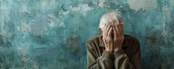 A poignant image of an elderly man covering his face with his hands, sitting against a textured, distressed background. The scene captures deep emotion and a sense of melancholy. 