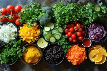 Wall Mural - A line of metal bowls filled with colorful vegetables and salad. A vibrant display of fresh vegetables in a restaurant salad bar. Fresh vegetables in a salad bar at a restaurant. Vegan Food.