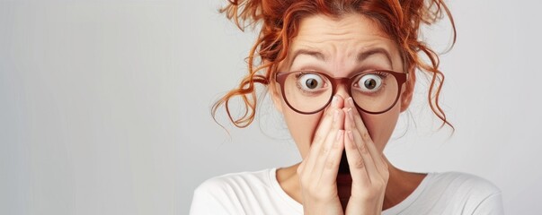 Wall Mural - A dramatic portrait of a young woman with a shocked expression, her hands covering her mouth. The plain background emphasizes her surprised and startled reaction. Free copy space for text.