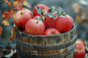 Wall Mural - Fresh Red Apples in Rustic Wooden Barrel