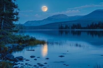 Sticker - Title: Moonlit Tranquility Over Mountain Lake

Keywords: moon