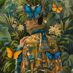 Poster - A man is wearing a blue and yellow outfit with butterflies on it