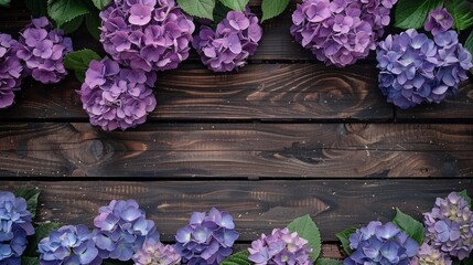 Wall Mural - Beautiful bush of purple hydrangea flowers. Wooden background 