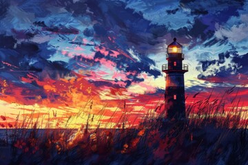 Wall Mural - Lighthouse at Dusk with Dramatic Sky