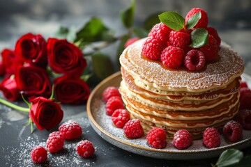 Wall Mural - Stack of Pancakes with Fresh Raspberries and Roses