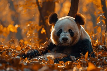 Canvas Print - Panda resting in autumn forest