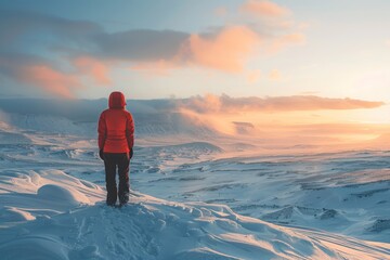 Sticker - Solitary Woman in Snowy Mountain Landscape