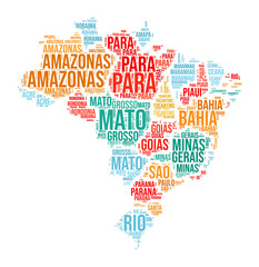 Wall Mural - Brazil Word Cloud. Country shape with state division. Brazil typography style image. State names tag clouds. Vector illustration.