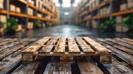 This image captures a wooden pallet in a brightly lit warehouse, featuring plants and ambient lighting, creating a contrast between the industrial and natural elements.