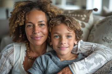 Wall Mural - Mother and Son Embracing on Sofa