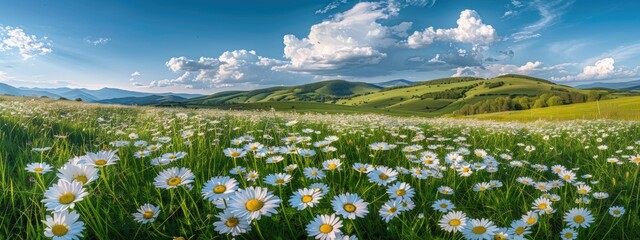 Poster - beautiful field of daisies. Selective focus