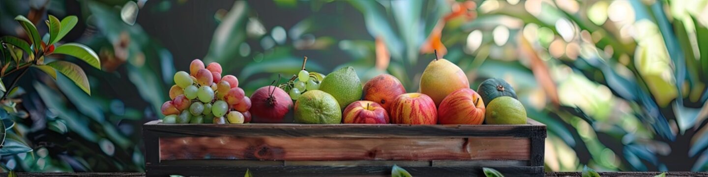 tropical fruits in a wooden box. Selective focus