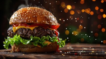 Juicy Beef Cheeseburger with Flying Ingredients and Spices - Hot and Ready to Eat with Copy Space
