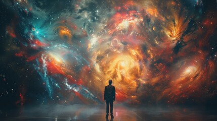 Wall Mural - A man stands before a vibrant and swirling cosmic nebula scene, contemplating the vast and colorful universe, capturing a moment of introspection and wonder in space.