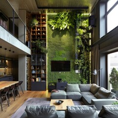 Sticker - A modern living room with a green wall and a large couch