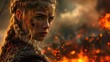 © svastix - A fierce warrior woman with braided hair stands amidst flames and destruction, radiating determination and strength in a chaotic, fiery battle scene.