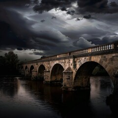 Canvas Print - A bridge spans a river with a dark sky above