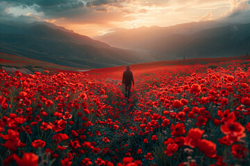 A person walking through a flower field, feeling at peace. Concept of nature and tranquility. Generative Ai.