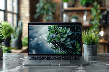 Poster - A sleek laptop with a minimalist design on a clean desk. Concept of modern technology and efficiency. Generative Ai.