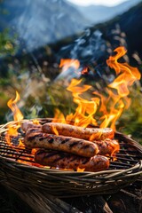 Canvas Print - grill sausages on the background of nature. Selective focus