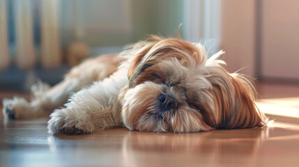 A small dog is sleeping on a wooden floor