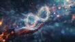 © Emil - Hand holding virtual reality infinity symbol community connection of metaverse world global network technology system and abstract loop sign element on innovation digital communication 3d background.