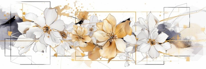 Wall Mural - Abstract luxury floral watercolor banner with gold geometric elements and splashes. Golden line with black and gold flower and decorated line arrangement with white background. Elegant design. AIG35.