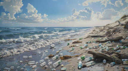 Wall Mural - A beach covered in plastic bottles and debris