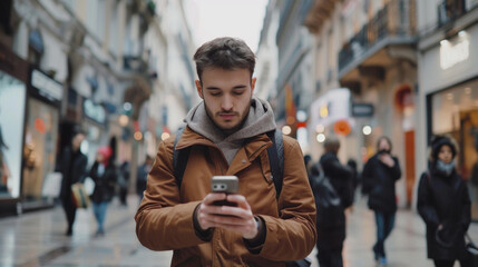 Wall Mural - A man is looking at his cell phone while walking down a busy street