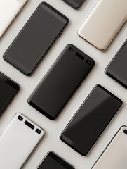 Poster - A flat lay image showcasing multiple modern smartphones arranged in a variety of angles. Generative AI